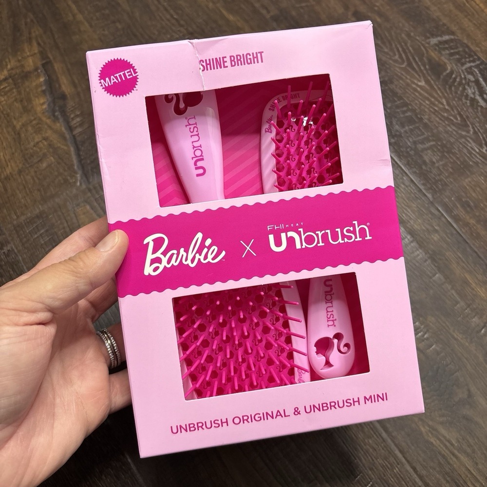 Barbie x FHI Heat Unbrush Shine Bright Detangling Brush Set Original & Mini Pink